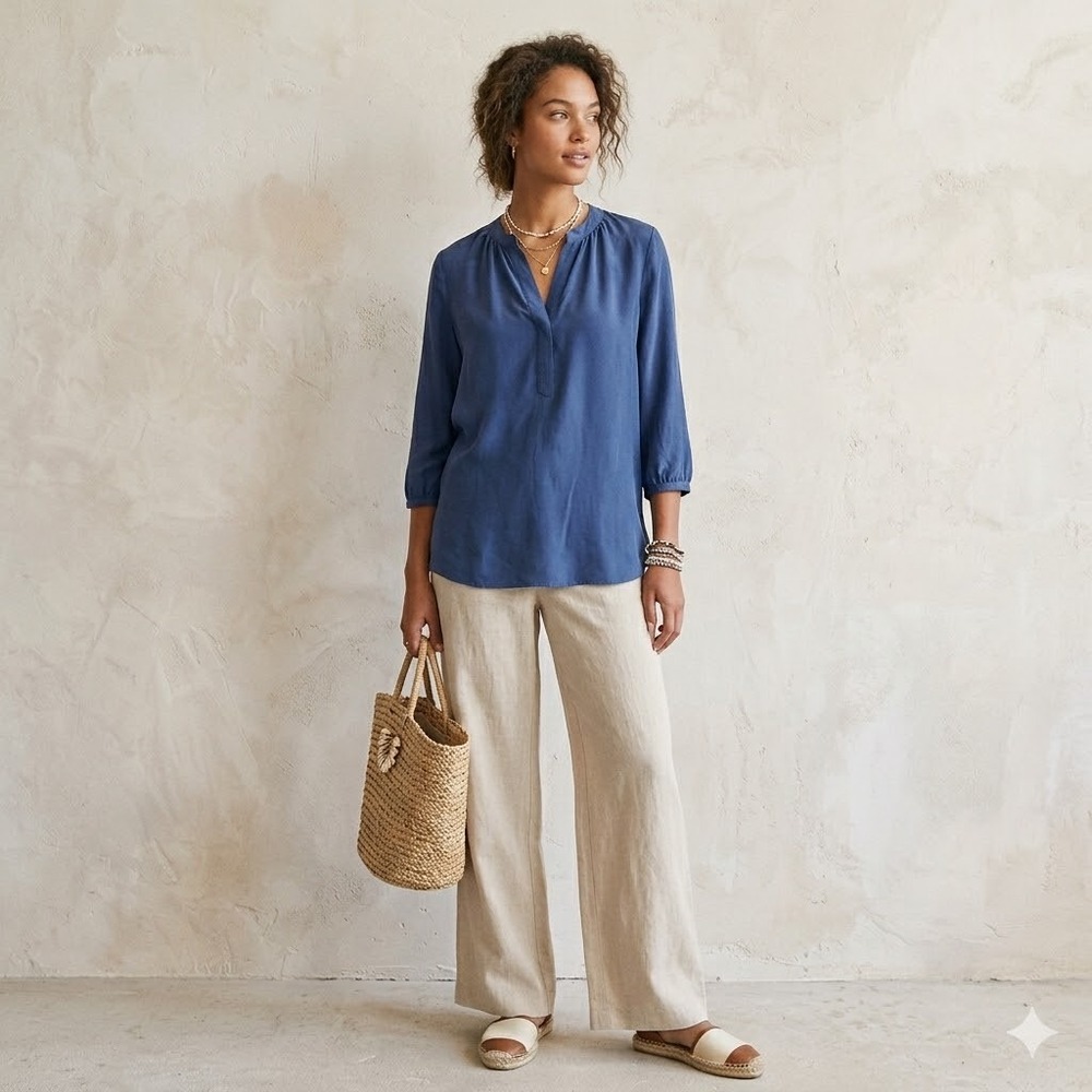 Madewell Silk Blouse Womens Blue Medium 3/4 Sleeve Split Neck High Low 05532